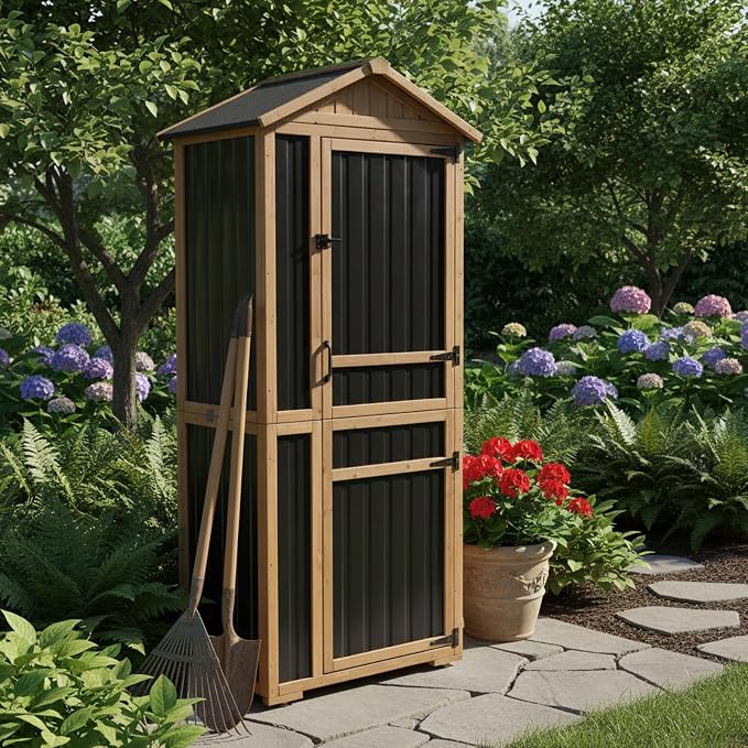 Large Outdoor Storage Cabinet with 4 Shelves, Wood Outdoor Storage Shed with Weatherproof Roof, Lockable Doors, Tall Outdoor Patio Cabinets for Garden Tool and Accessories, Brown