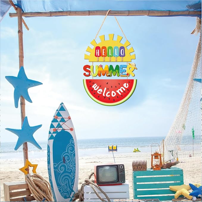 HOURIA Hello Summer Welcome Front Door Sign,11.4"*14.6"Inch Watermelon Sunshine Wood Hanging Plaque for Wreath,Colorful Summer Ice Cream Door Hanger for Porch Garden Farmhouse Indoor Outdoor