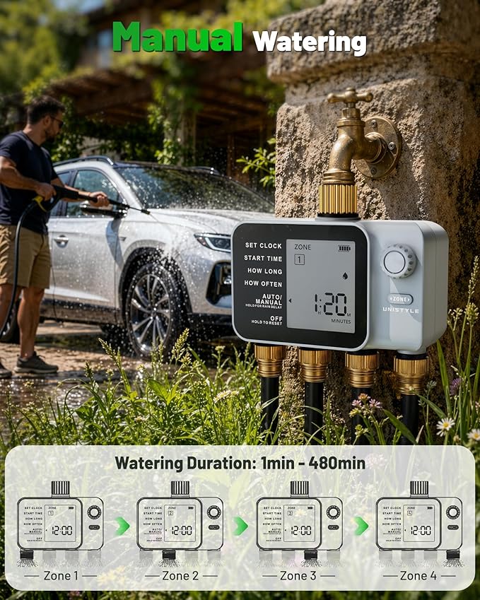 [All-New 2027] 4 Zone Sprinkler Timer with Brass Inlet, Unistyle 4 Outlet Programmable Water Timer for Garden Hose with Rain Delay, Manual Watering Automatic Irrigation Hose Timers for Yard Lawn Patio