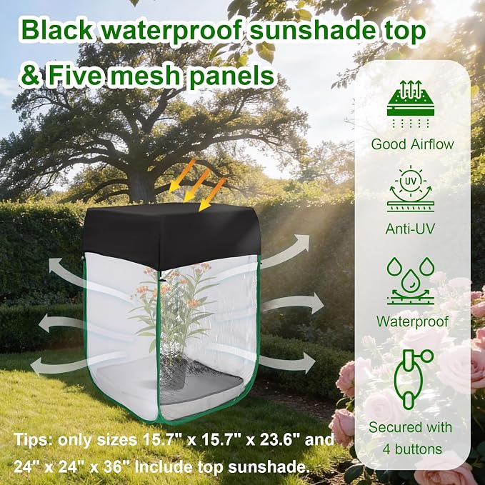 Butterfly Habitat Cage 24" x 24" x 36", Large Caterpillar Mesh Enclosure with Poop Tray for Easy Clean, Outdoor Monarch Butterfly & Insect Pop-up Net Cages Terrarium with Sunshade Top.