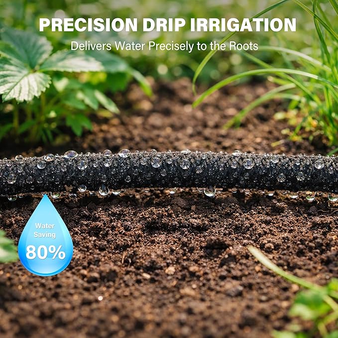 MIXC 80% Water-Saving Soaker Hose – 1/4" x 100 Ft Drip Irrigation Tubing for Garden, Lawn, Flower Beds & Vegetable Rows, with 1/4" Drip Fittings