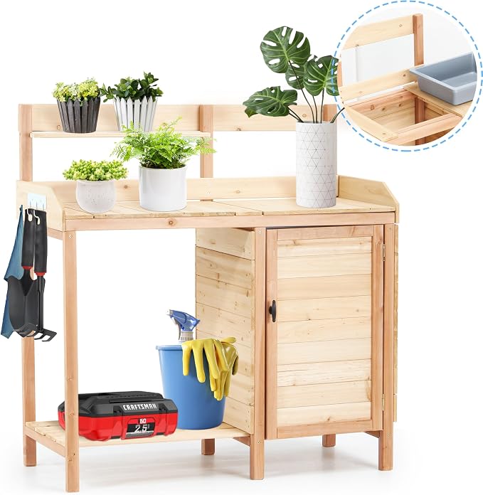 42" Outdoor Potting Bench with Sink, Wooden Potting Table with Sliding Tabletop, Storage Cabinet & Bottom Shelf, Garden Work Bench for Patio Backyard Porch, Natural