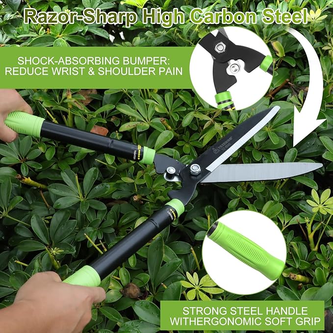 Hedge Shears, Heavy Duty 23-30 Inch Telescoping with Sharp Carbon Steel Blade, Ergonomic 20° Angled Head, Rust-Proof Hedge Trimmer for Shrubs, No Ladder Needed