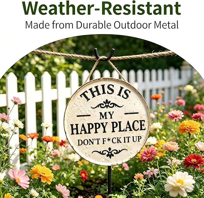 Funny Garden Metal Sign - "This Is My Happy Place Don't F*c* It Up" Vintage Outdoor Decor, 12" Round Tin Sign for Home, Farm, Bar & Patio, Aesthetic Wall Art Welcome Sign, Hilarious Gift for Gardeners