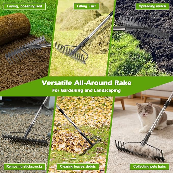 63" Bow Rake,Heavy Duty Metal Garden Rake for Moving Gravel Loosening Soil Leveling Ground Gathering Leaf Debris Spreading Mulch, 17 Tines,Adjustable Handle, for Lawn Garden Farm Landscape Work