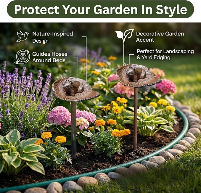Carver's Olde Iron Decorative Garden Hose Guide Stake – 19" Solid Aluminum Heavy Duty Hose Protector for Landscaping, Flower Beds & Yard Edging - Frog