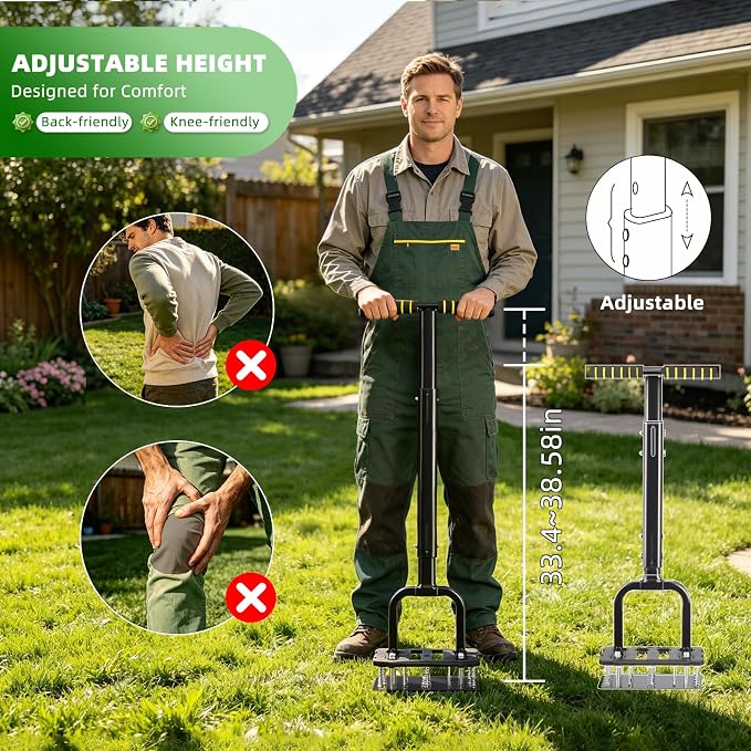 Lawn Aerator Spike Tool with 15 Iron Spikes & 6-Spring, Dual-Layer Self-Cleaning Design, Thickened Support Rod, Plastic Non-Slip Shell, Effortless Soil Loosening & Yard Aeration
