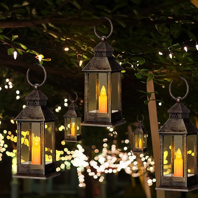 Hoolerry 24 Set 5.5'' Mini Lanterns with LED Candle for Wedding Centerpiece Vintage Decorative Hanging Small Lantern Battery Powered for Halloween Wedding Table Centerpiece(Rustic)
