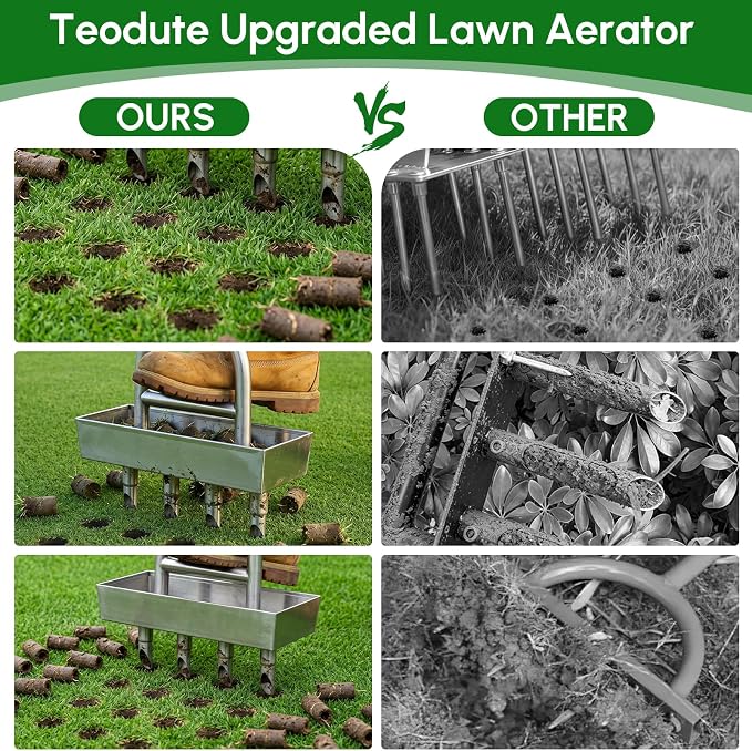Lawn Coring Aerator, Manual Lawn Aerator Tool with 4 Stainless Steel Plug Corer, Pre-Assembled Grass Aerating Tool with Soil Core Storage Tray for Yard Garden Compacted Soil & Lawn Care