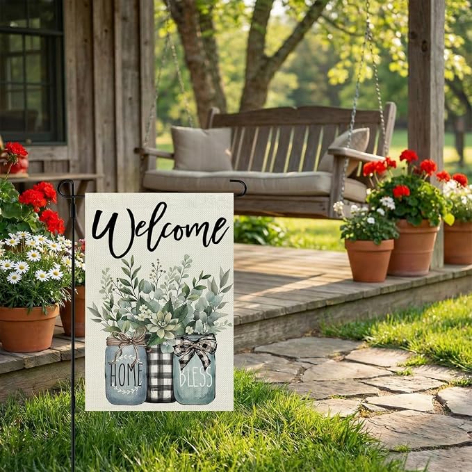 CROWNED BEAUTY Spring Garden Flag Eucalyptus Mason Jar 12x18 Inch Double Sided Small Seasonal Farmhouse Floral Holiday Decoration for Outdoor Lawn Yard