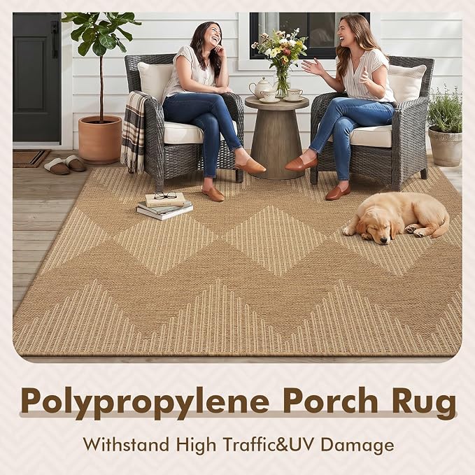 MontVoo-3x5 Outdoor Rug Porch Entryway Rug-Polypropylene Indoor Outdoor Rugs for Entryway Kitchen Balcony Patio, Textured Weave, Durable, Fade-Resistant, Non-Shedding, Boho Geometric Neutral Brown