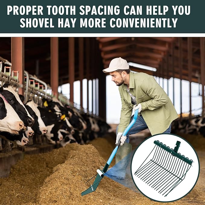 Tandefio 2 Pack Manure Fork Replacement Head Metal Pitchfork Horse Manure Rake Garden Pitch Fork Replacement Head with Angled Tines for Horse Stall Poop Picking up(Green)