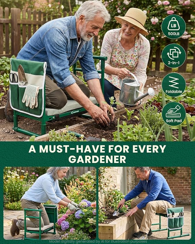 Saker 2026 Upgraded Garden Kneeler and Seat - Gardening Bench Gardening Stool with 500LB Heavy Duty Round-Tube Frame, Soft Kneeling Pad Foldable Support for Elderly, Gardening (Luxury Version)