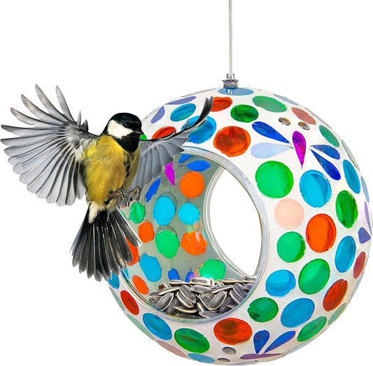 Sunnydaze 6-Inch Glass Mosaic Hanging Bird Feeder for Outdoors - Fly-Through Glass Bird Feeder for Cardinals, Jays, Finches and More - Dragonfly Dreams