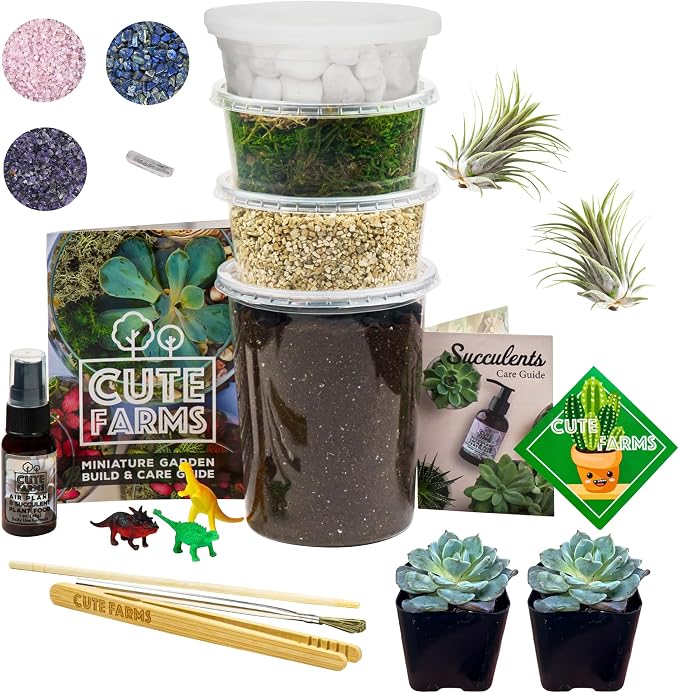 Cute Farms Terrarium Starter Kit | Moss, Vermiculite, Soil, Pebbles, Plant Food, & Finishing Tools (Large Kit + Live Plants + Crystals)