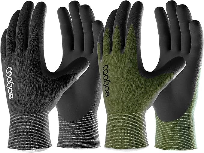 COOLJOB Gardening Gloves for Men, 2 Pairs Breathable Rubber Coated for Garden Weeding Landscaping, Outside Work for Lawn Yard, Men's Xlarge Size, Black & Green