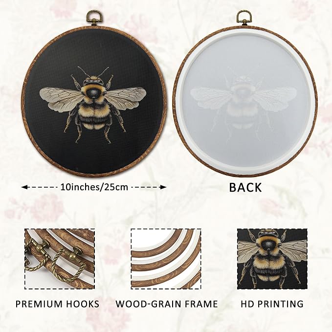 DOFQZ Dark Academia Bumble Bee Round Wall Art Decor, Vintage Moody Honey Bee Framed Wall Art, Gothic Bumblebee Canvas Wall Hanging Decor for Home Bedroom Living Room, 10x10