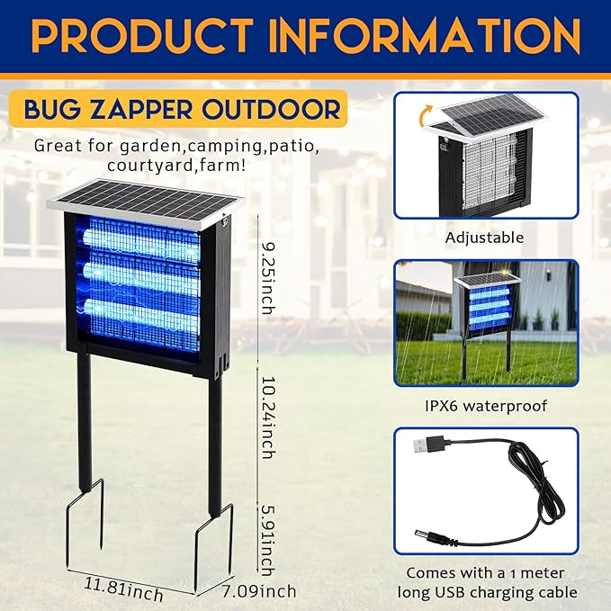 Qualirey 1 Pcs Solar Bug Zapper Outdoor Waterproof Mosquito Zapper with 3000v High Powered Rechargeable Electric Mosquito Killer with Grounding Bracket Fly Insect Trap for Patio Garden