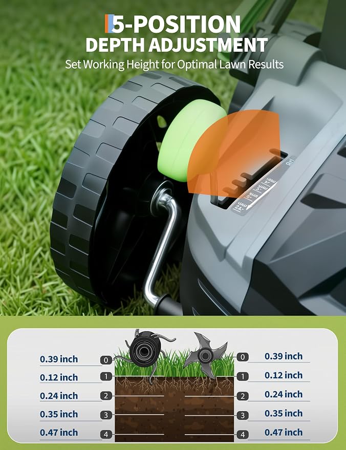 Electric Lawn Dethatcher Scarifier 15.5 Amp, 14-Inch Corded Dethatcher with 14.5 gal Collection Bag, 5-Position Depth Adjustment, 2-in-1 Aerator with Carbon Steel Blades for Spring Fall Lawn Care