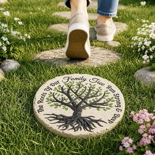 GIGALUMI Garden 10" Stepping Stones Outdoor, Family Tree Grandma Garden Stones, Hand Print Garden Decorations Walkway, Round Tree of Life Decorative Stepping Stone, Gifts for Grandma, Mom, Sister