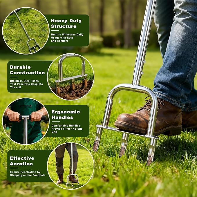Manual Core Lawn Aerator, Metal Aerator Lawn Tool with 3 Replaceable Hollow Tine - Semi-Assembled Yard Aeration Tool for Lawn Care, Lawn Aeration, Garden Tool, Revives Lawn Health