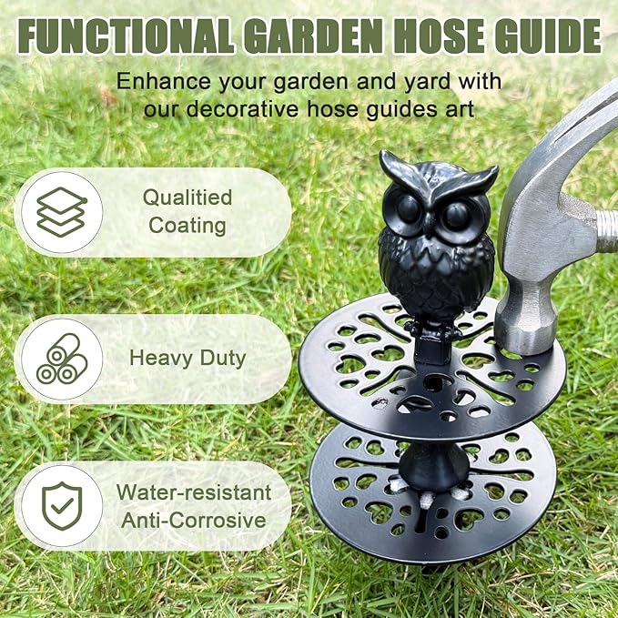 4 Pack Hose Guides for Garden Heavy Duty Metal Water Hose Guards for Flower Beds Decorative Garden Stake Spike Owl-Shaped Black Cast Iron Plant Protector for Lawn Yard Ground Outside Flower Bed