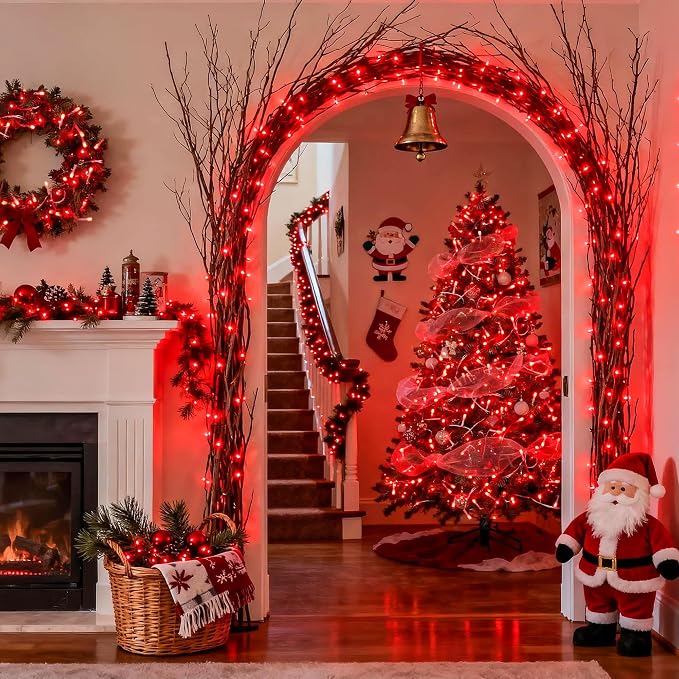 JMEXSUSS 33ft 100 LED Red Valentine Lights, Connectable 8 Modes Valentine Room Light Indoor Plug-in, Clear Wire Red Christmas String Light Outdoor Waterproof for Xmas Bedroom, Party