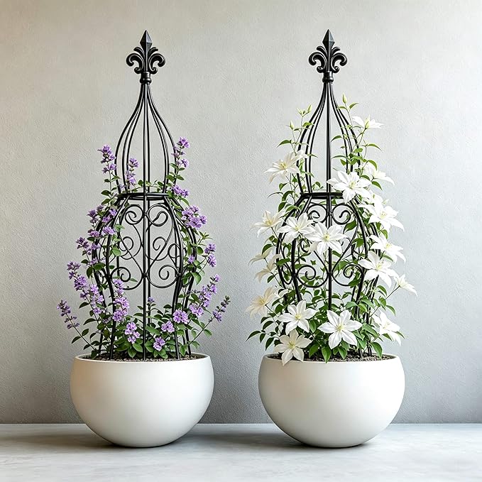 2-Pack Garden Obelisk Trellis for Climbing Roses & Flowering Vines, 30" Tall Iron Plant Support, Tool-Free Snap Assembly, Decorative Outdoor Accent for Patio Planters & Entryways