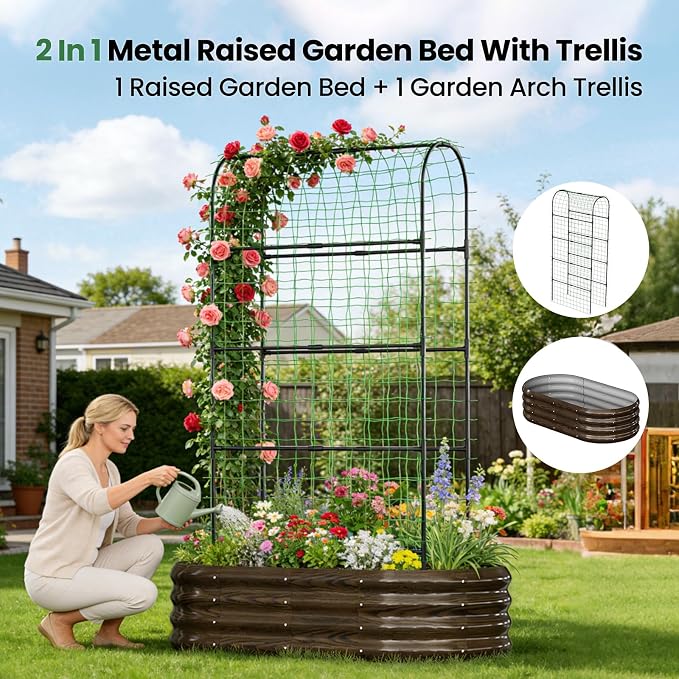 2 in 1 Galvanized Raised Garden Bed with 71" H Arch Trellis for Climbing Plants, Outdoor Gardening Planter Box with Climbing Net for Flowers Vegetables Fruits Herbs, Wood Grain