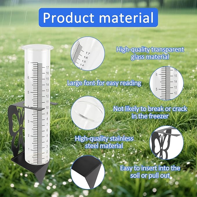 TBWHL 7" Capacity Rain Gauge Replacement Tube Glass with Stainless Steel Butterfly Shape Rack Holder, Decorative rain Measure Gauge for Yard Garden Fence Lawn Farm