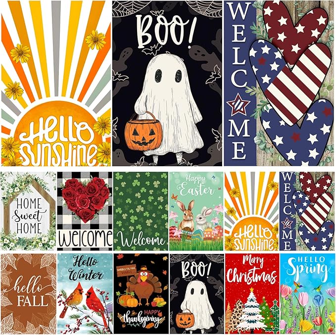 Seasonal Garden Flags Set of 12 Double Sided 12x18 Inch, Small Yard Flags for Outside, Christmas Halloween Easter Valentine's Day Decor, Spring Summer Fall Winter Holiday Garden Decorations