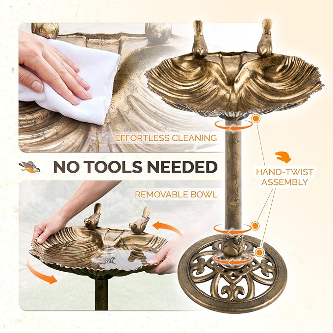 VINGLI Pedestal Bird Bath, Copper Resin Birdbaths Weather Resistant Floral Accents and Vintage Finish Garden Decor for Outdoor Lightweight Courtyard (Copper-Shell-Shaped with Solar Pump)