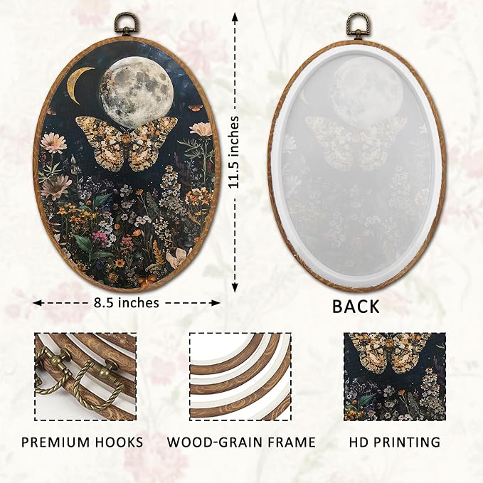 DOFQZ Dark Floral Moon Butterfly Oval Wall Art Decor, Cottagecore Moth and Butterfly Framed Wall Art, Mystical Night Garden Canvas Walls Hanging Decor for Home Bedroom Living Room, 8.5x11.5