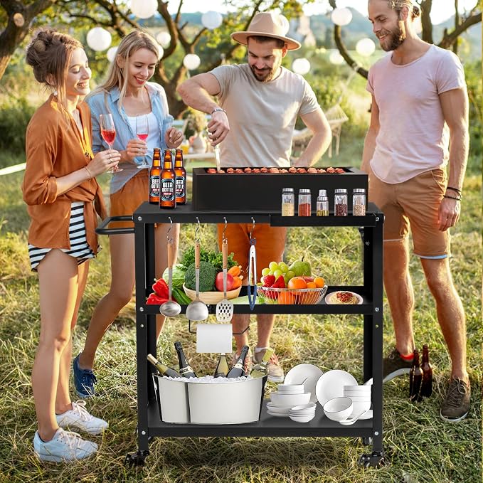 Outdoor Grill Cart Table,Indoor and Outdoor Pizza Oven Table,with 4 Movable Total Lock Casters, Hooks, Side Handle Multifunctional (Black) (Black)