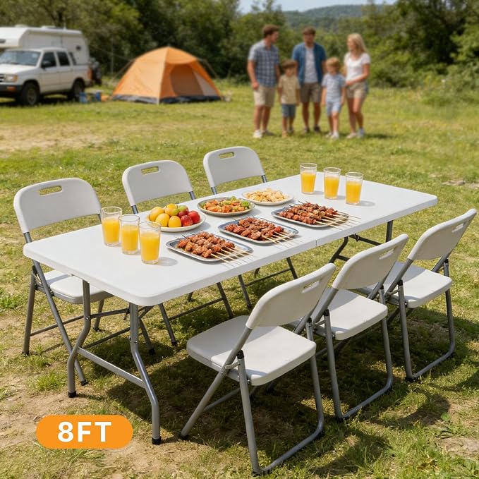 NEWBULIG 8 FT Foldable Table Easy to Fold and Store, Folding Picnic Table for Picnic Camping Kitchen Dining Party Outdoor Indoor with Carrying Handle, White