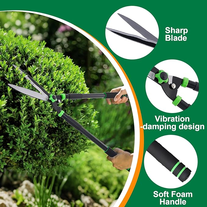 Hedge Shears 29.5" Manual Hedge Clippers with 15° Angle Precision Blades Plant Cutting Scissors for Trimming and Shaping Hedges, Shrubs, Boxwood, Tall Bushes