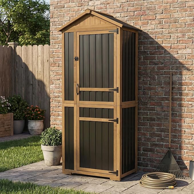 Large Outdoor Storage Cabinet with 4 Shelves, Wood Outdoor Storage Shed with Weatherproof Roof, Lockable Doors, Tall Outdoor Patio Cabinets for Garden Tool and Accessories, Brown