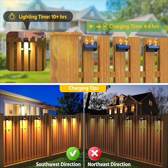 NIORSUN Outdoor Fence Lights, 16 Pack Waterproof LED Solar Fence Lights with 1500mAh Battery, Warm White/Cool White/RGB, Easy-to-Install Wall Light for Deck, Patio, Railing, Stairs, Backyard – Black