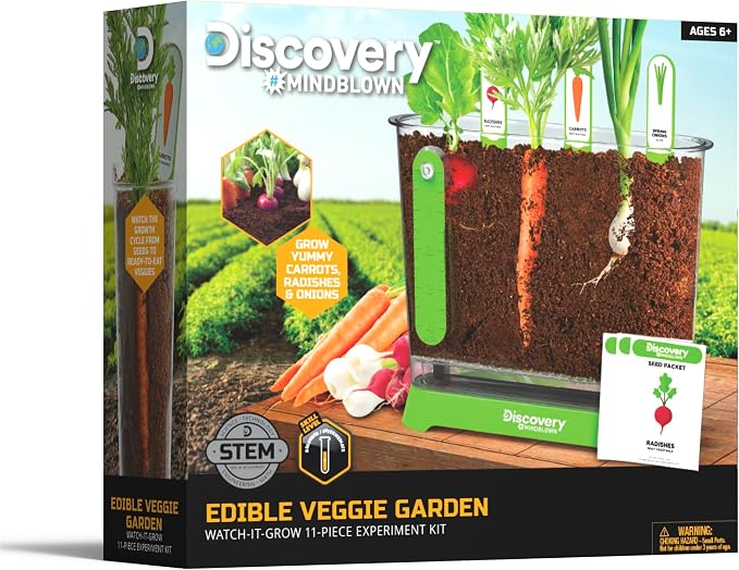Discovery™ Edible Veggie Garden Watch-It-Grow Kit – DIY STEM Activity for Kids | Grow Carrots, Radishes & Onions| 11-Piece Science Kit with Seeds, Potting Mix & Root Tracker| Learning Toy Gift Ages 6+