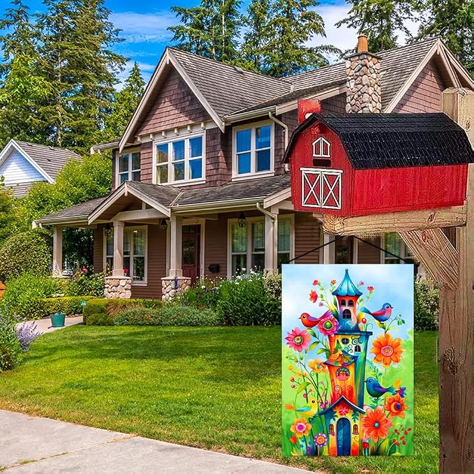 Whimsical Bird Garden Flag 12x18 Inch Double Sided Welcome House Flag Holiday Yard Outdoor Decoration