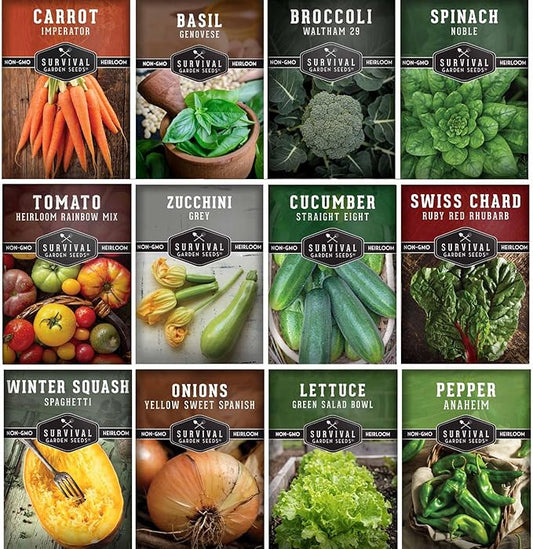 12 Vegetable Seed Variety Pack for Planting - Heirloom Broccoli, Carrot, Basil, Lettuce, Onion, Pepper, Swiss Chard, Tomato, Cucumber, Spinach, Zucchini, Spaghetti Squash - Survival Garden Seeds