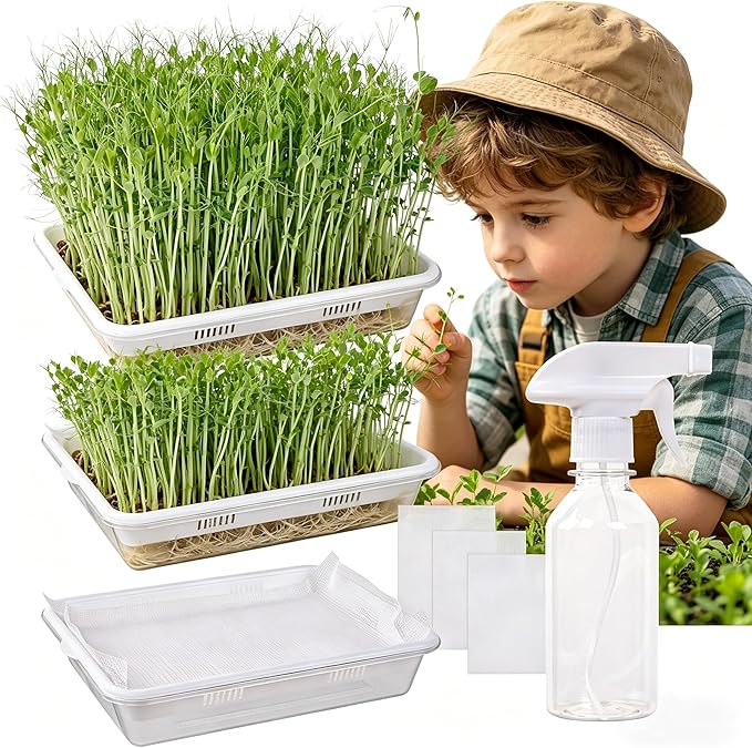 Acrylic Microgreens Growing Trays 3-Pack – Clear Hydroponic Seed Starter Kit with Silicone Mats & Spray Bottle – Reusable Plant Germination Trays for Vegetables, Wheatgrass, Cat Grass – Indoor Garden