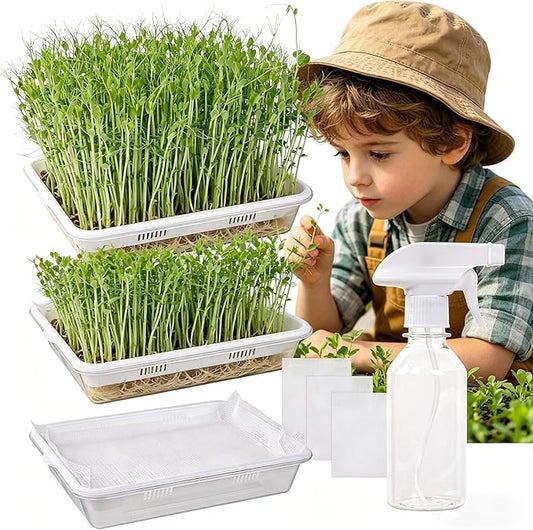 Acrylic Microgreens Growing Trays 3-Pack – Clear Hydroponic Seed Starter Kit with Silicone Mats & Spray Bottle – Reusable Plant Germination Trays for Vegetables, Wheatgrass, Cat Grass – Indoor Garden