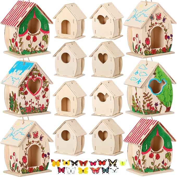 Outus 24 Pcs Wooden DIY Birdhouse Kits for Kids to Build, 4 Shapes Birdhouse Kit Wooden Unfinished with Butterfly Sticker for Boy Girl Arts Crafts(Cute)