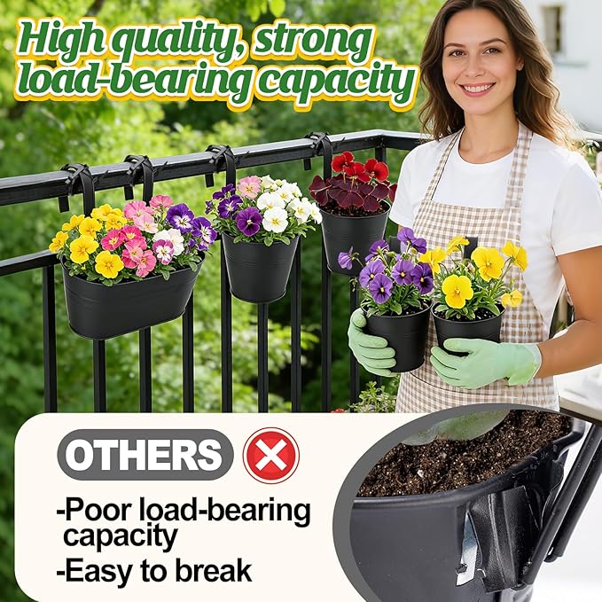 MADHOLLY 6Pcs Railing Planter with Drainage - 10.8" & 5.1" Bucket Pots for Balcony Railing, Metal Iron Hanging Flower Pots for Herb Planter Outdoor Deck & Rail Decor with Hook, Black