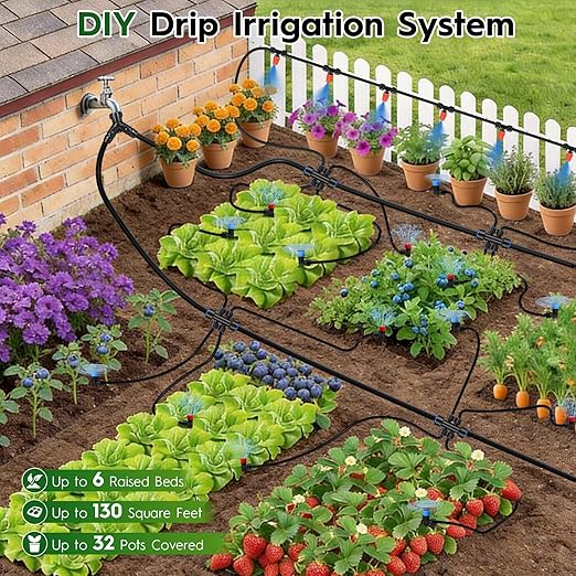 Quick-Connect Drip Irrigation System Kit, Irrigation Kit with Adjustable Nozzles, 2/5" & 1/4" Tubing, Automatic Watering System for Garden, Raised Beds, Greenhouse, Automatic Timer Compatible