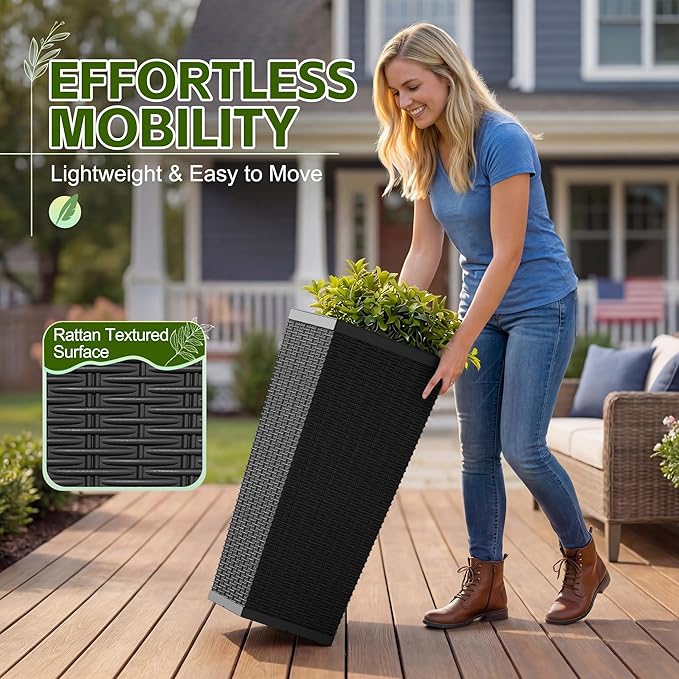 Devoko Resin Tall Planters for Outdoor Plants Set of 2, Large Taper Outdoor Planter Pots with 4 Drainage Holes, Flower Pots Modern Decor for Porch, Patio, Backyard, Home Garden (Black, 30'')