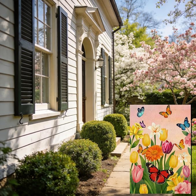 Spring Summer Tulip butterfly Welcome Garden Flag 12x18 Inch Double Sided Colorful Floral Outside Flag for Burlap Holiday Farm house Yard Flag Outside Decoration
