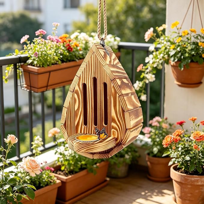 Teardrop-Shaped Wooden Butterfly Habitat & Feeder | Butterfly House and Feeder, Hangable Habitat Supports Breeding, for Backyard Balcony Yard Wedding Enthusiasts Gardeners Professionals Hobbyists