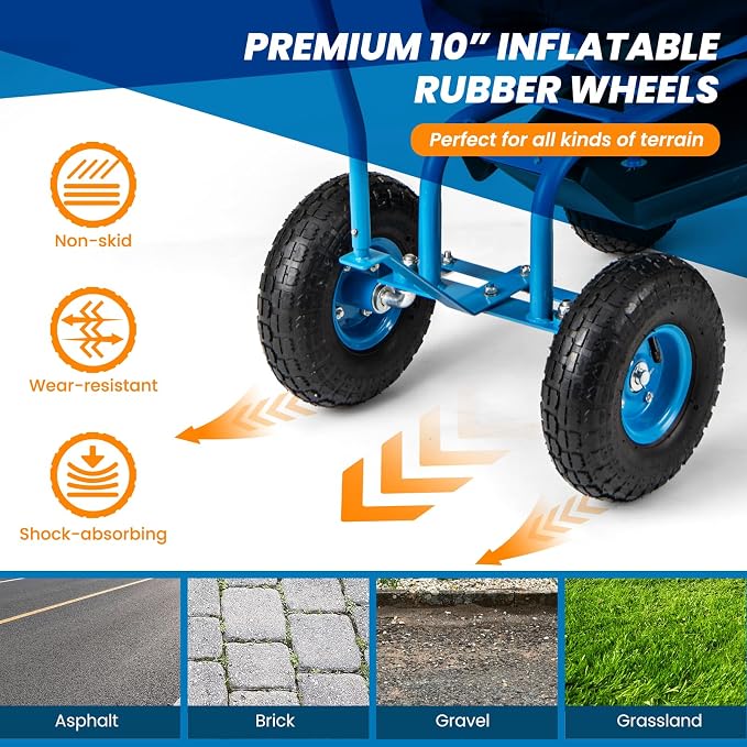 Giantex Garden Cart, Rolling Workseat with 4 Wheels, Tool Tray, Removable Cushion, Storage Basket, 2 Handles, Adjustable Height & 360 Swivel Work Seat, Gardening Stool for Patio Lawn (Blue & Black)